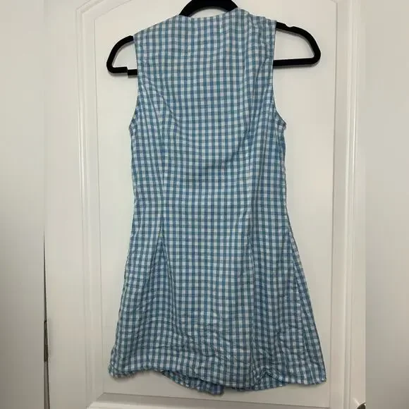 Leelanau Gingham Blue 100% Linen Button-Down Mini Dress size XS 60s cottage core - Picture 4 of 12